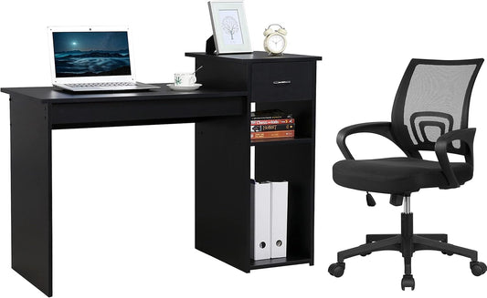 Modern Desk & Mesh Chair Set, Drawer, Shelves-1