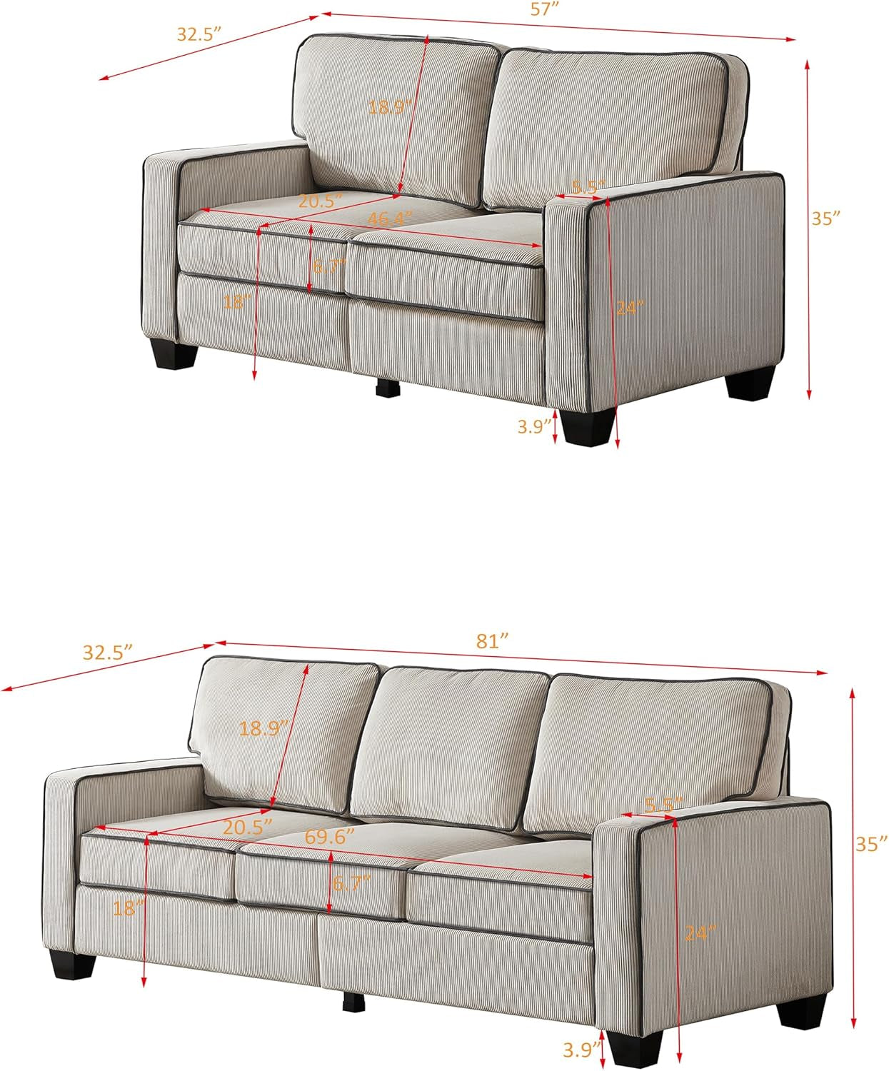 2 Piece Sofa Set，Living Room Furniture Set with Storage & Solid Wood Legs, Corduroy Fabric Upholstered Sofa Set 3-Seat Sofa and Loveseat for Living Room, Bedroom, Apartment-1
