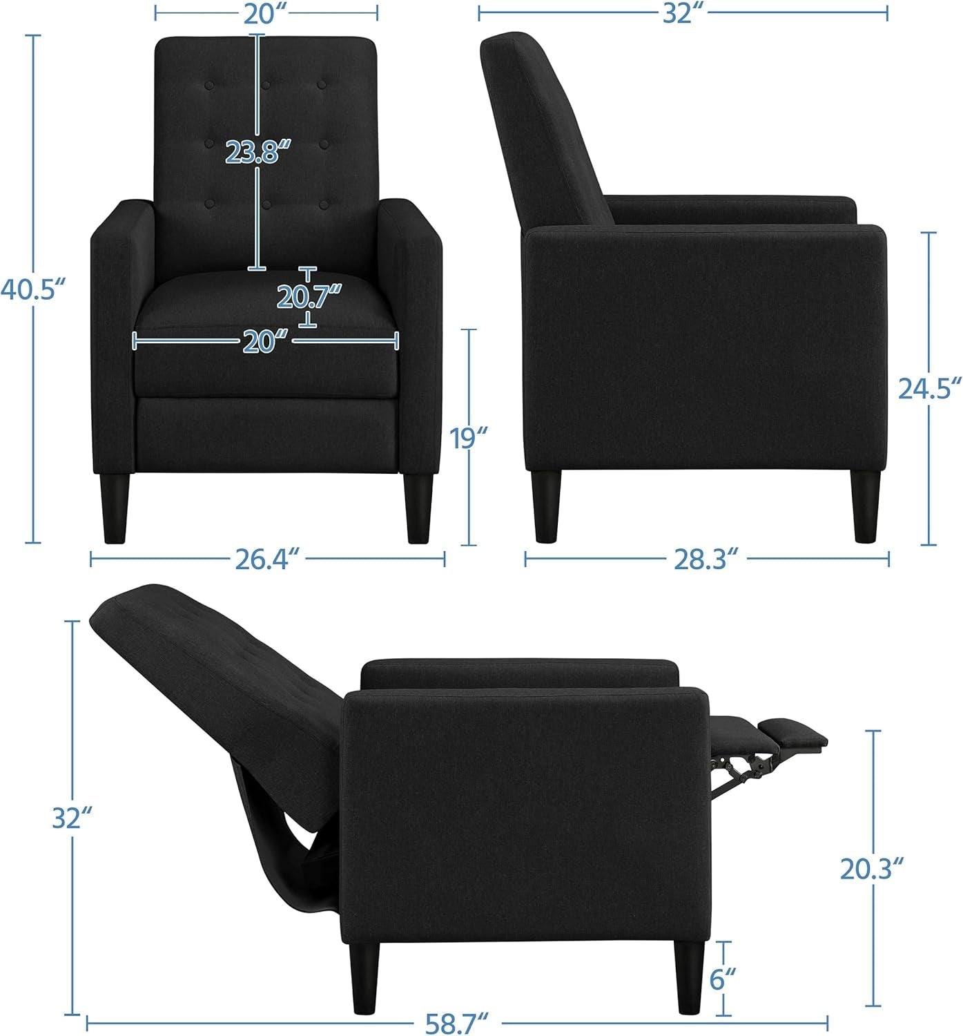 Fabric Recliner Chair Mid-Century Modern Recliner Adjustable Single Recliner Sofa with Thicker Seat Cushion Tufted Upholstered Sofa with Pocket Spring for Living Room Bedroom Black-2
