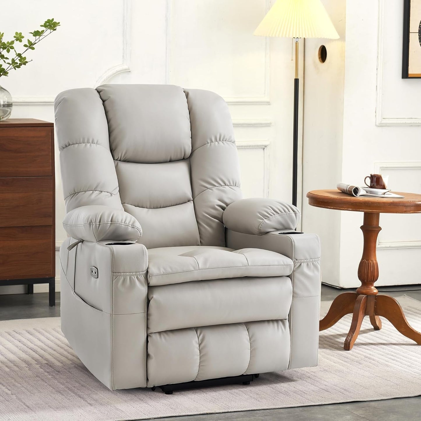 Dual Motor Power Lift Recliner Chair with Massage and Dual Heating, Adjustable Headrest for Big and Tall Elderly People, Faux Leather 7634 (Light Grey, Large-Regular)-1