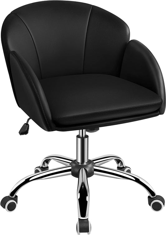 Cute Petal Desk Chair Home Office Swivel Upholstered Leather Makeup Vanity Desk Chair with Armrests for Bedroom Modern Computer Rolling Chair for Women Black-0