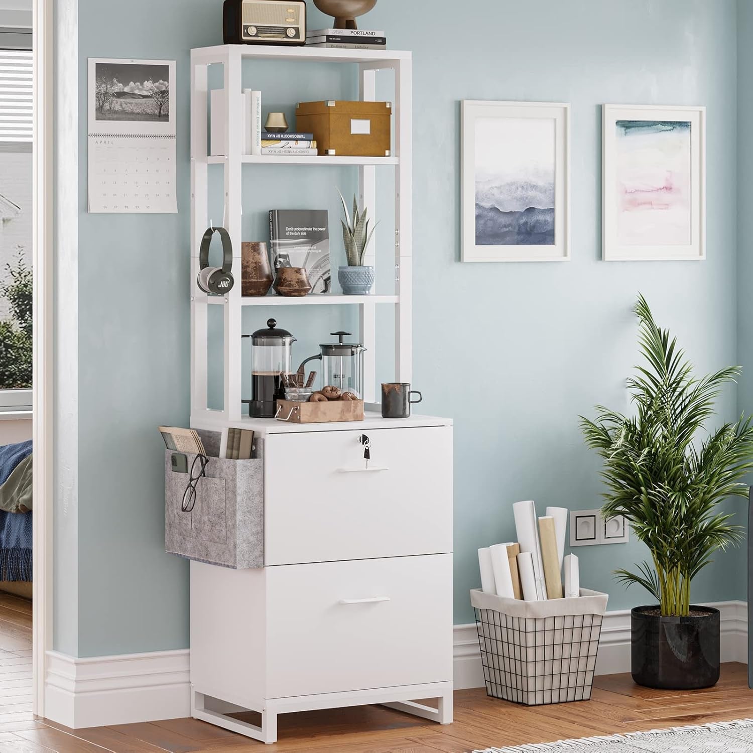 2 Drawer File Cabinet, Filing Cabinet with Lock Fits Letter, Legal, A4 Size, File Cabinets for Home Office with Storage Bag, Open Shelf and Hook, White-2