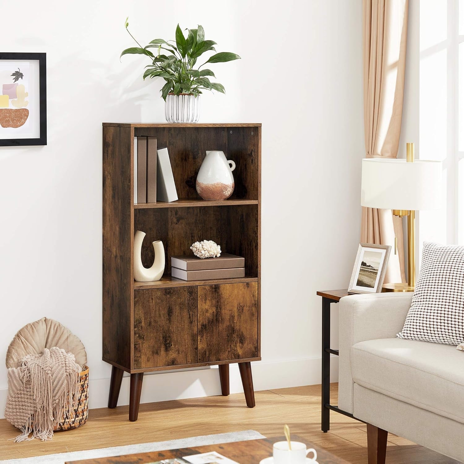 Bookcase, 2-Tier Retro Bookshelf with Doors, Storage Cabinet for Books, Photos, Decorations in Living Room, Office, Study, Mid-Century Style, Rustic Brown ULBC09BX-1