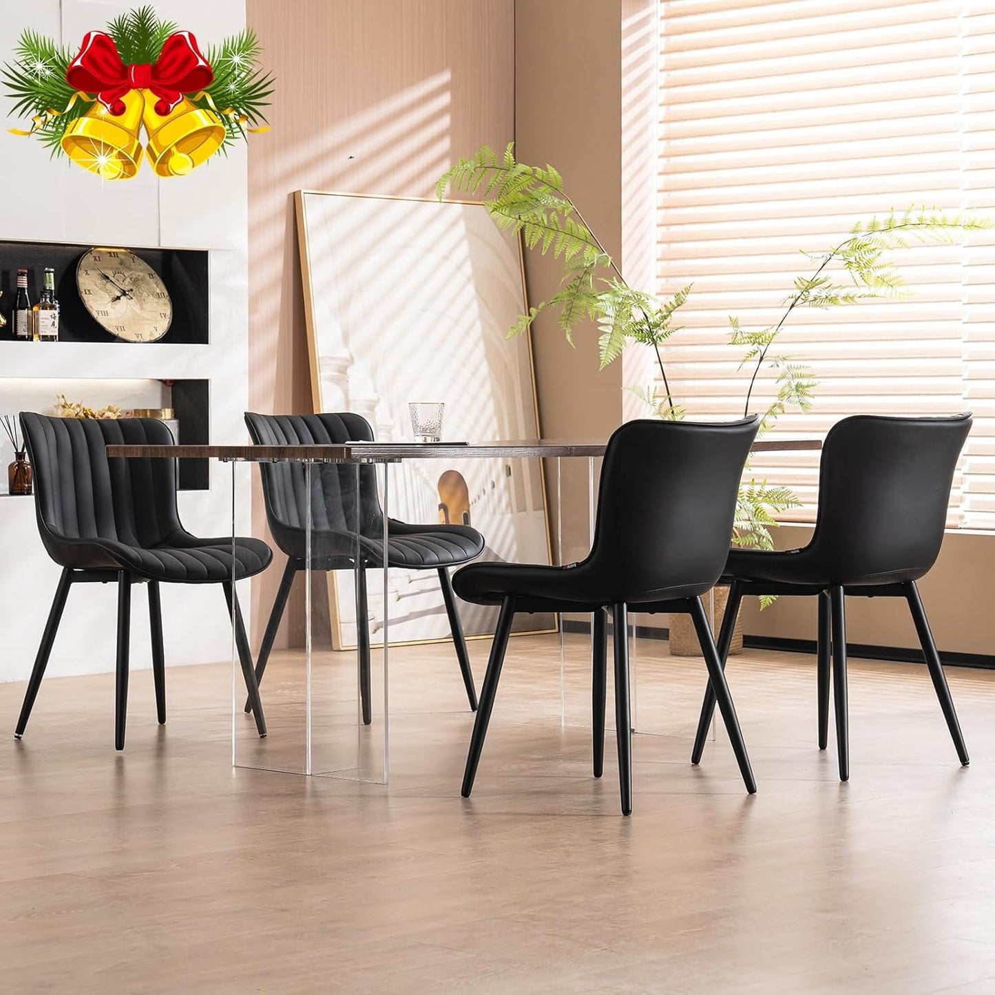 Black Dining Chairs Set of 2 Upholstered Mid Century Modern Kitchen&Dining Room Chairs Armless Faux Leather Accent Chair with Back Metal Legs Guest Waiting Reception Side Chaise Sillas-3