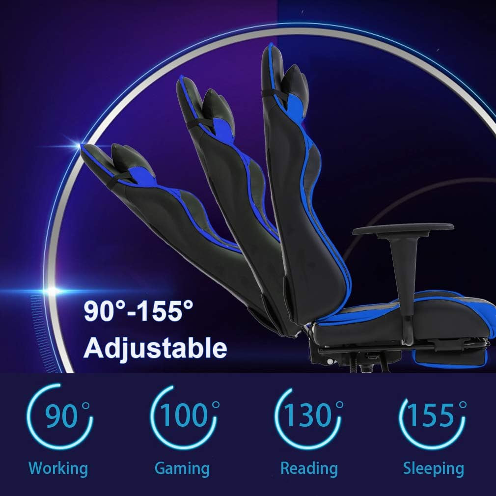 Gaming Chair with Footrest,Ergonomic Office Chair,Adjustable Swivel Desk Chair,Reclining Computer Lumbar Support and Headrest,Racing Style Video Gamer (Blue)-4