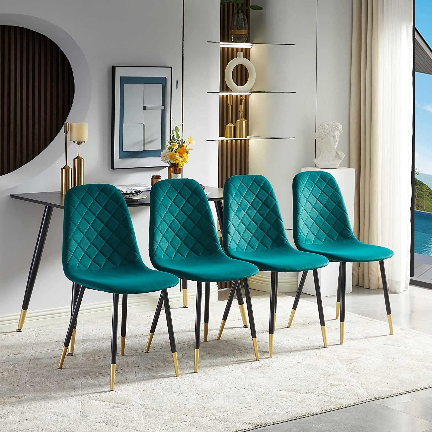 5-Piece Modern Dining Table Set with Dark Green Velvet Chairs-0
