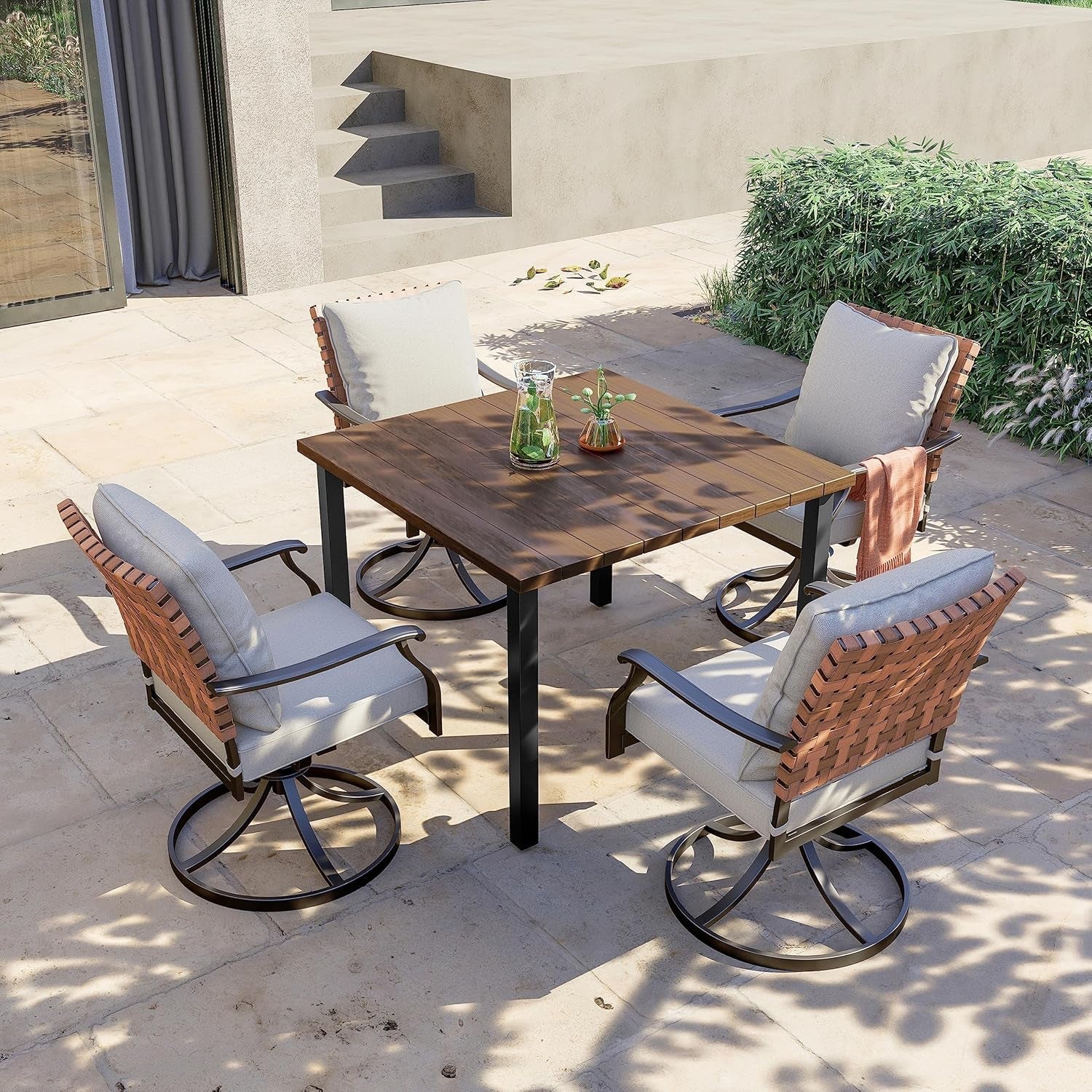 5-Piece Outdoor Dining Set, 4 Leather-Look Wicker Swivel Patio Chairs & 1 Square Woodgrain Dining Table, Brown-1
