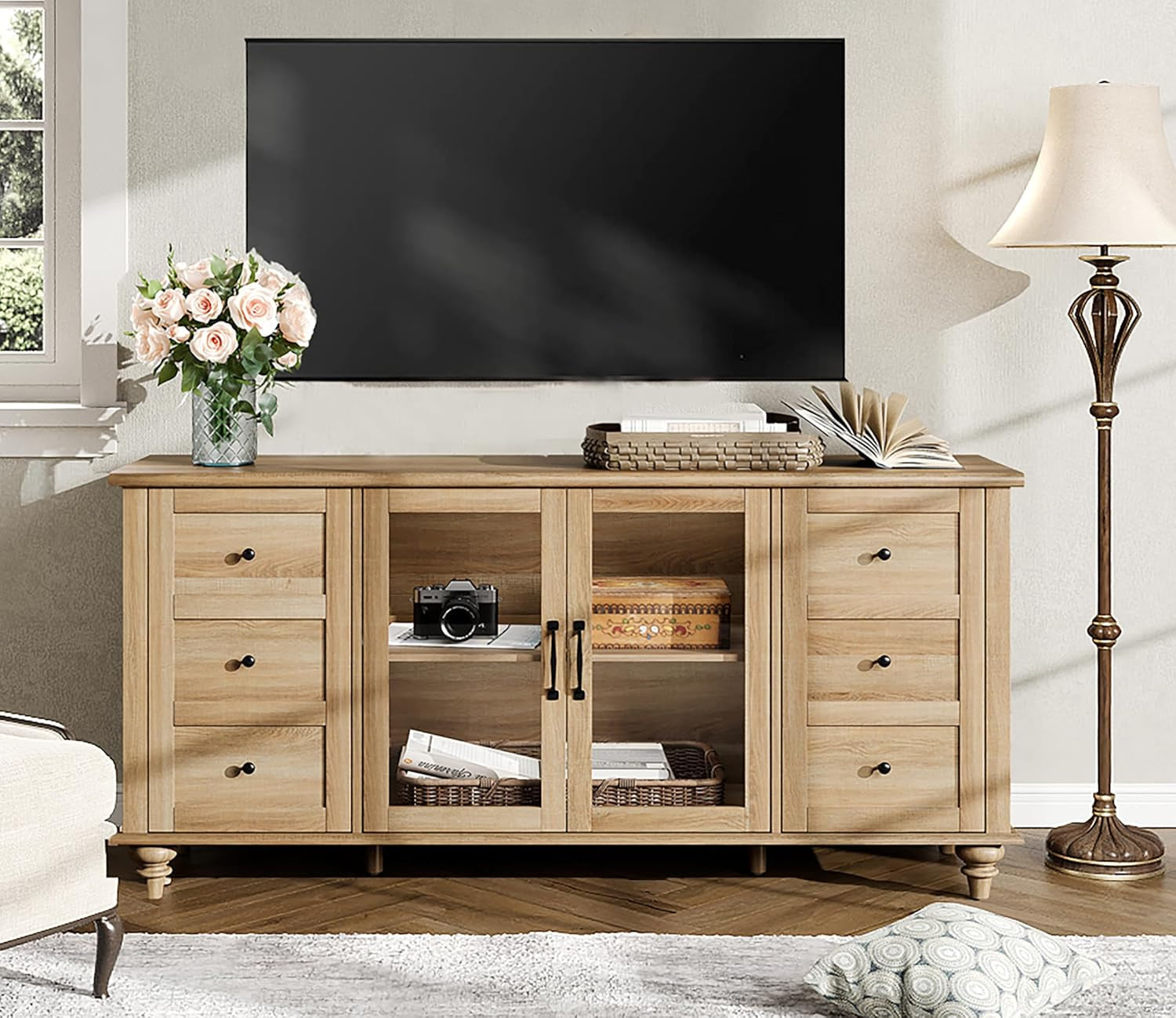 Glass Door Farmhouse TV Stand for Tvs up to 75 Inch, Wood Universal TV Console Table with 4 Storage Cabinets, Entertainment Center for 32-75 Inch TV Console Cabinet, 58'',Oak-0