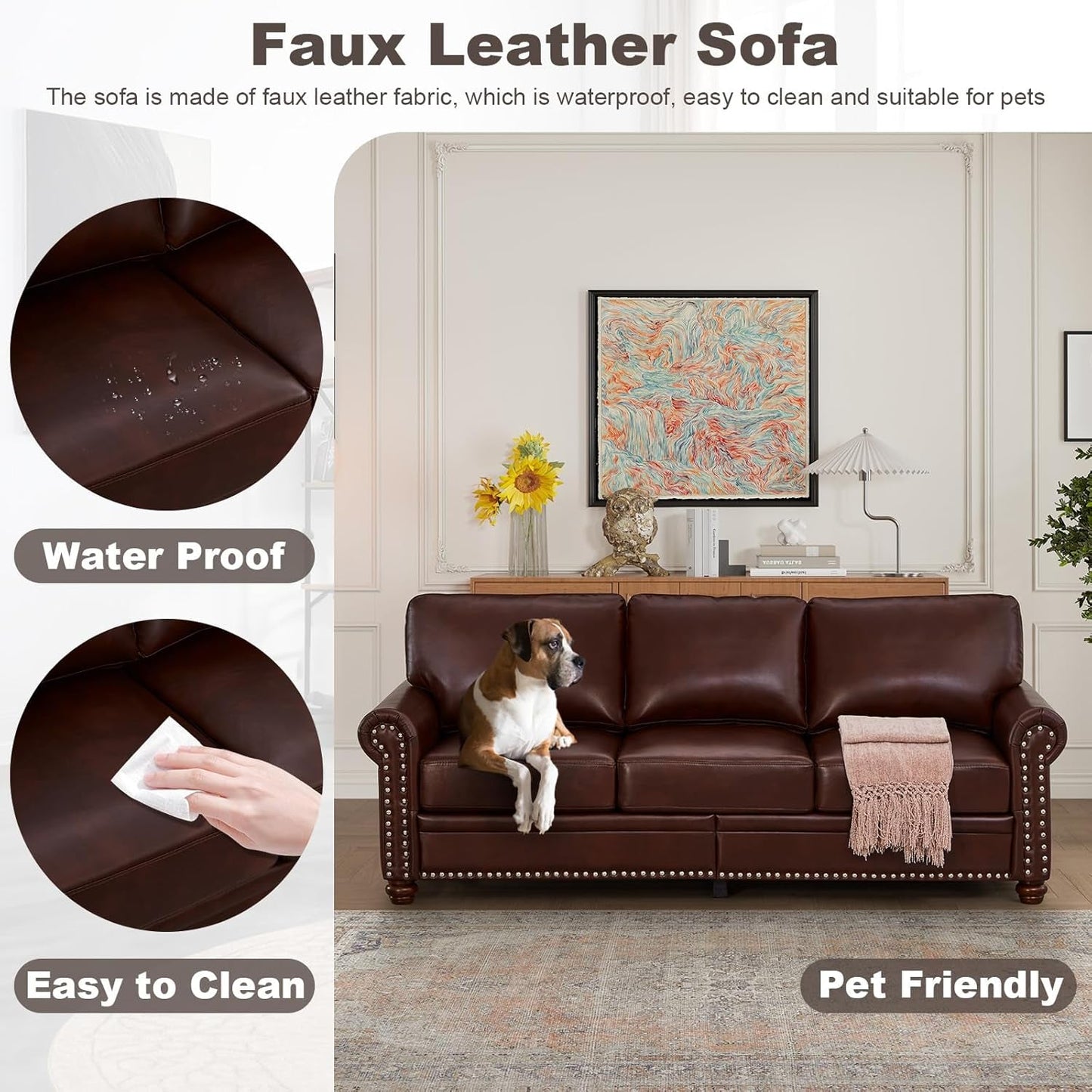 3 Piece Faux Leather Sofa Set,Mid Century Modern Couch and Loveseat Sets with Storage,Comfy Deep Seat Sofa with Nailhead Trim & Rolled Arm for Living Room,Office(Armchair+Loveseat+3 Seater,Burgundy)-4