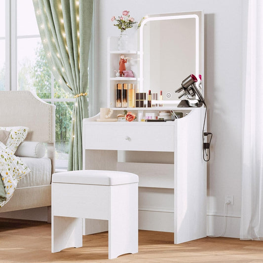 White Small Vanity Set Mirror, Lights, Storage, Chair-0