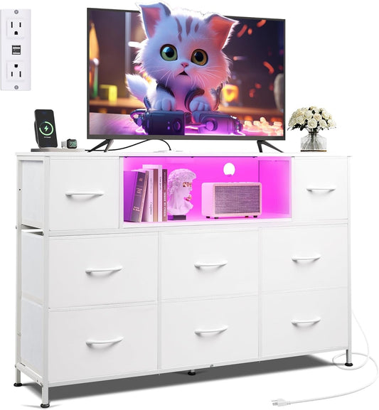 White Dresser for Bedroom, TV Stand for Bedroom for 55 Inch TV with Charging Station and LED Lights, Fabric Chest of Drawers with Open Shelves, 8 Drawers Dressers for Living Room, Closet-0