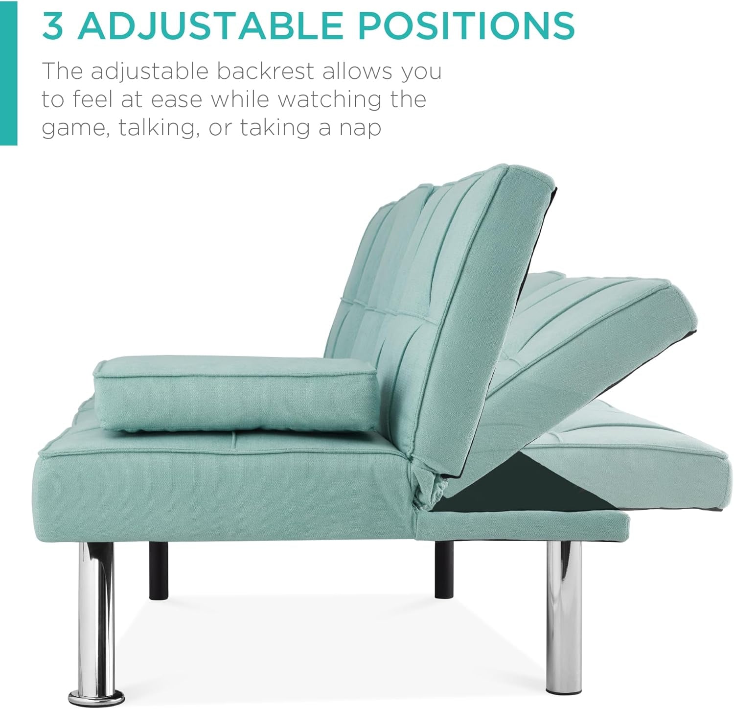 Linen Modern Folding Futon, Reclining Sofa Bed for Apartment, Dorm W/Removable Armrests, 2 Cupholders - Aqua-2