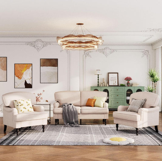 3 Piece Living Room Furniture Set, 1 Loveseat & 2 Accent Chairs, Linen Fabric Comfy Sectional Sofa Couch for Living Room, Bedroom, Off-White-0