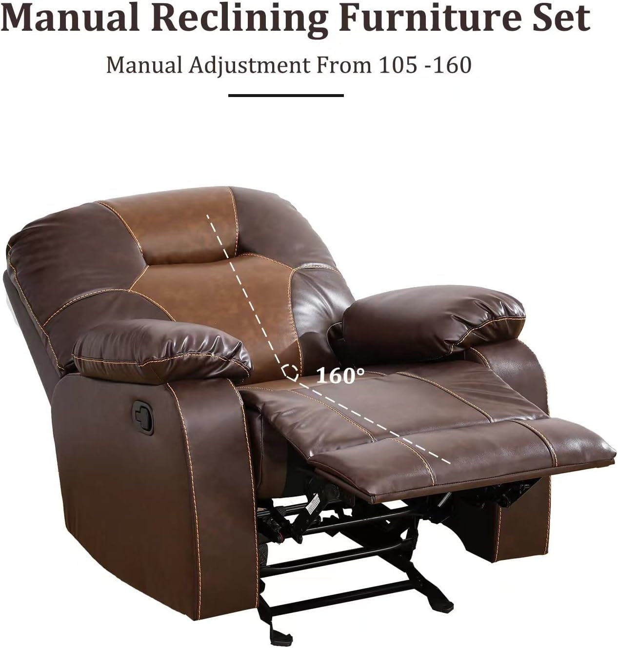 Manual Recliner Sofa Set, Bonded Leather Sofa with Recliners, Reclining Couch with Storage Console and Cup-Holders for Living Room/House/Bedroom/Office/Apartment (Brown / 3 Pieces Set)-3
