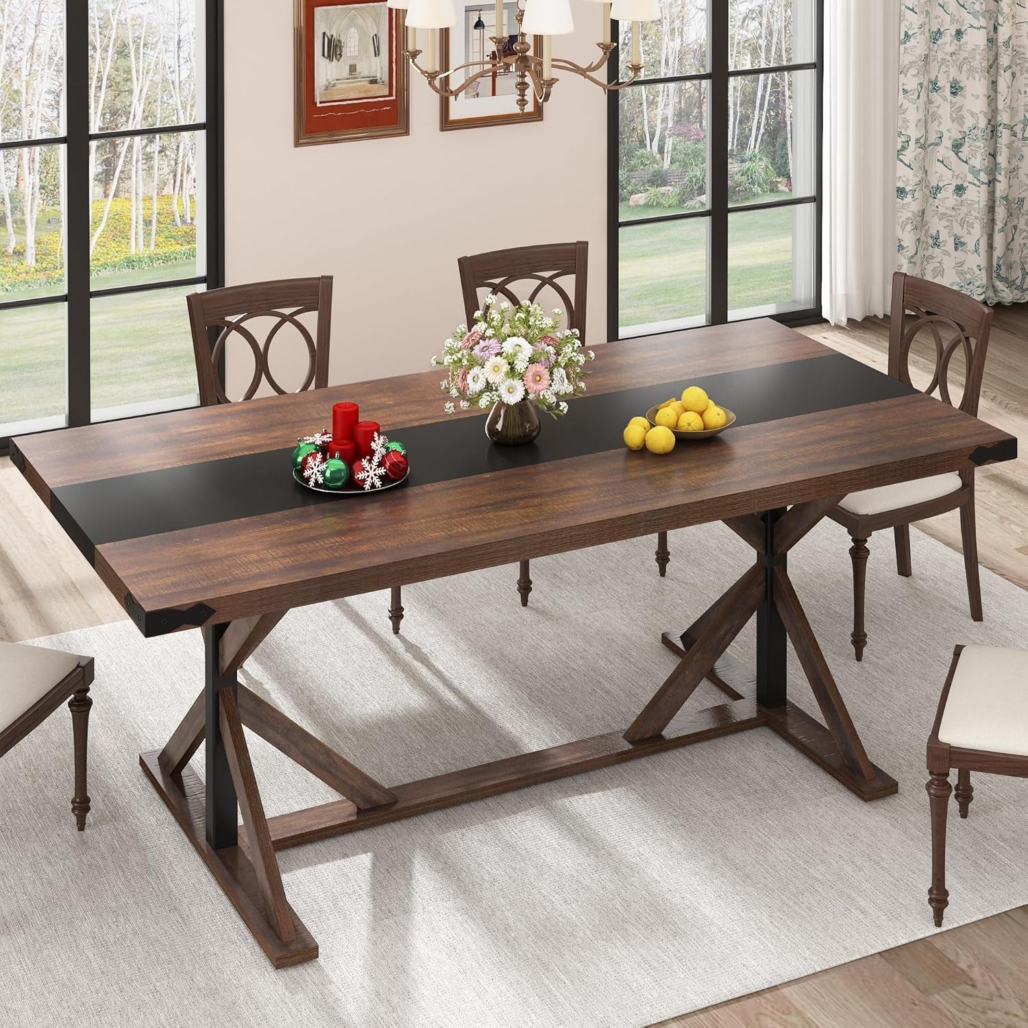71" Farmhouse Dining Table for 5 6 8 People, Rectangular Kitchen Table W/Thickness Waterproof Wood Grain Tabletop (Brown, 71 X 35.4 X 30 In)-2