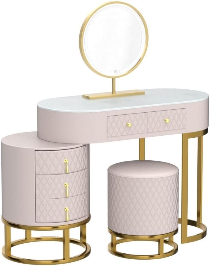 Faux Leather Makeup Vanity Desk Set with LED Lighted Mirror Luxury Dressing Makeup Table with Storage Drawers & Vanity Stool, Pink-3