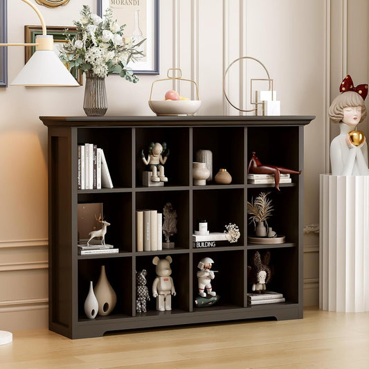 Cube Storage Bookcase with Base - Wooden 3 Tiers Floor Standing Open Shelf Cabinet for Home and Office, 12-Cube Lattice Bookshelf, Black-1