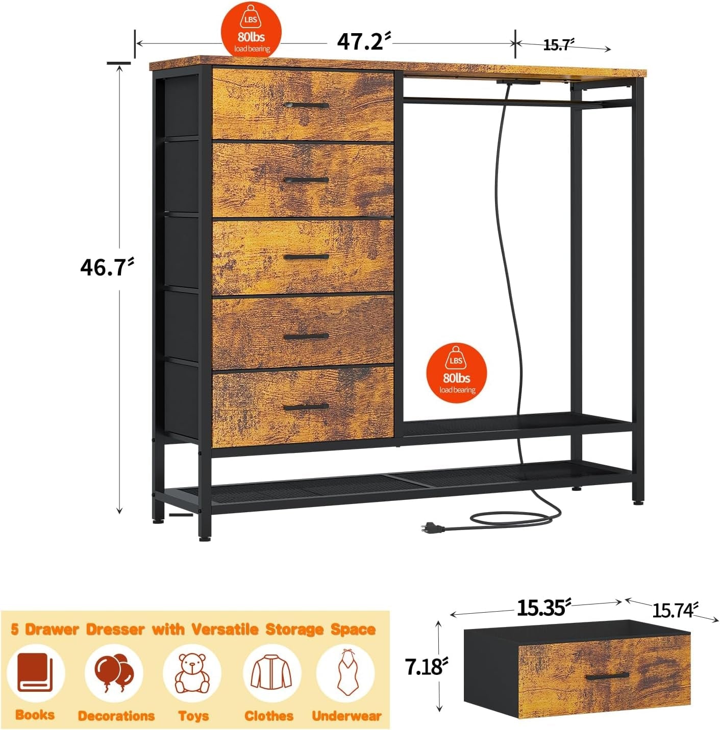 Dresser for Bedroom, Dresser with Hanging Rack Led Lights and Charging Station, Bedroom Dresser with 5 Fabric Chest of Drawers with PU Finish Storage Organizer, for Living Room Kids Room Closet, Brown-2