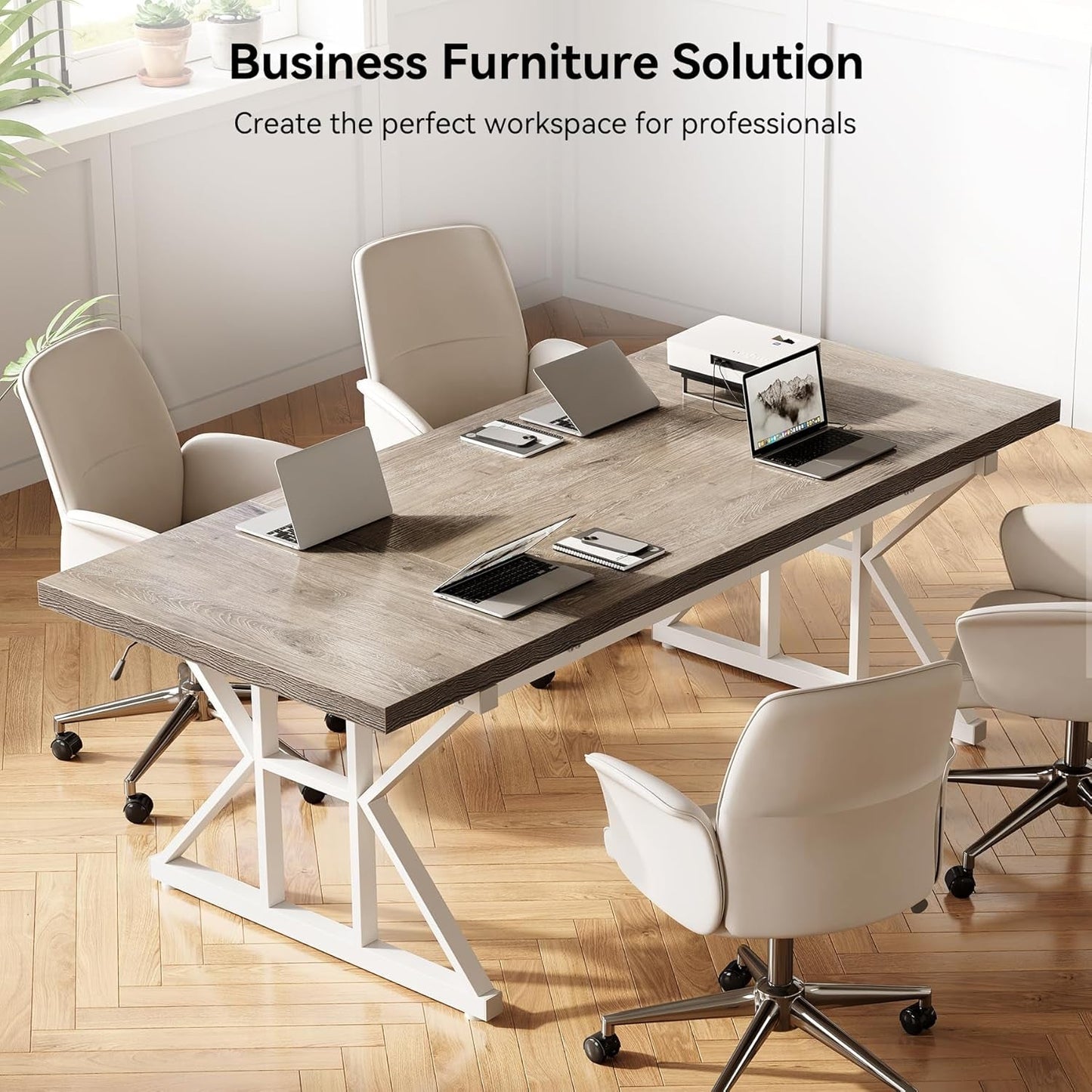 70.8-Inch Large Executive Desk, Modern Computer Office Desk, Wooden Writing Desk Study Table for Home Office, Grey-White-3