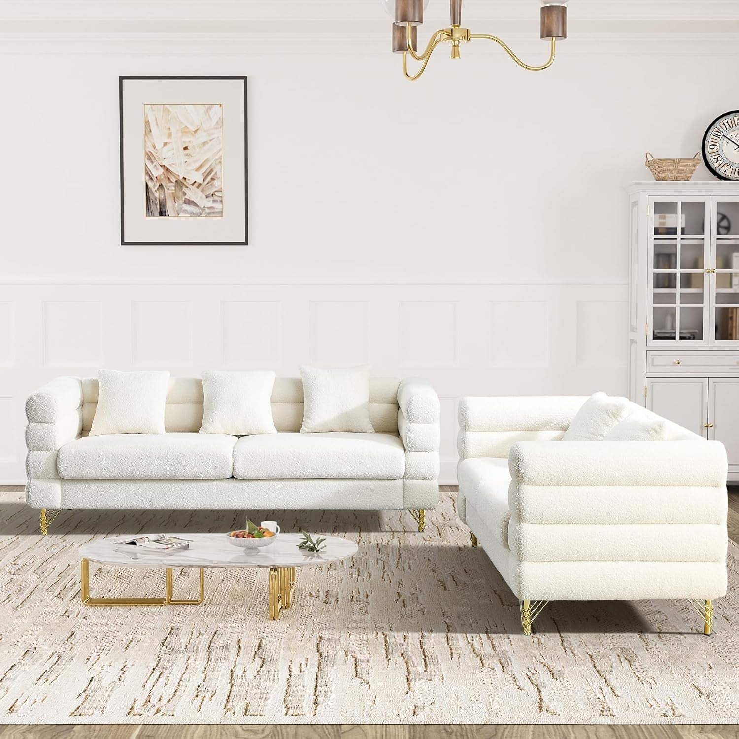 Living Room Sofa Couch and Loveseat Set, Modern Comfy Boucle Sherpa Deep Seat Cloud Couch with 5 Pillows, Oversized Sofa Furniture Sets for Living Room Bedroom, White Teddy-2