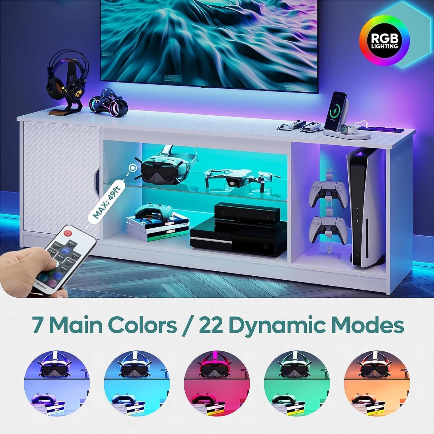 LED TV Stand with Power Outlets for 55/60/65 Inch TV, Gaming Entertainment Center with Cabinet for PS5, Modern TV Cabinet with Adjustable Glass Shelves for Bedroom 58 Inch Carbon Fiber White-2