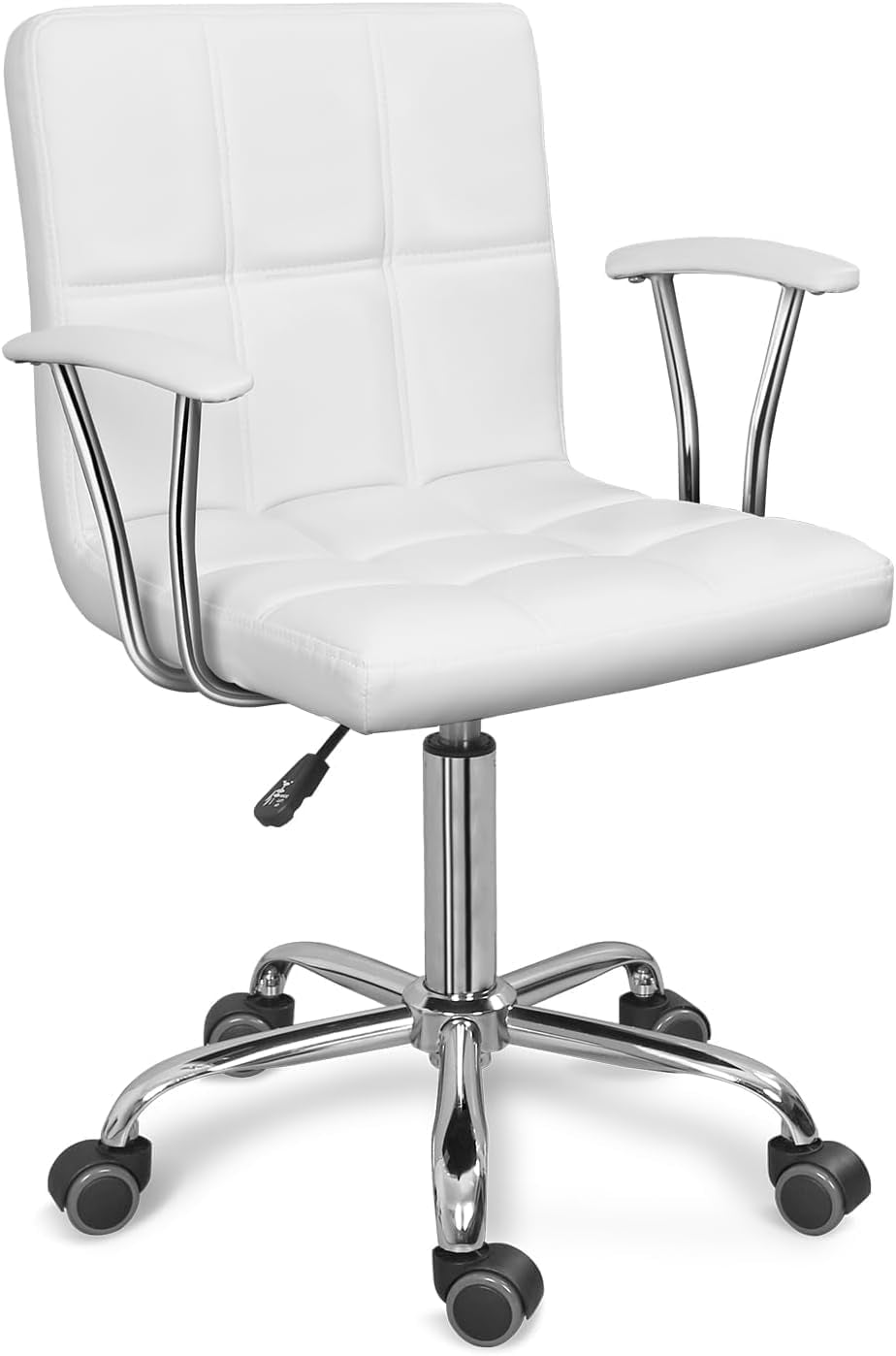 Home Office Desk Chair with Armrest and Wheels, Modern PU Leather Mid-Back Office Task Chair, Height Adjustable Swivel Computer Chairs for Home Office, White-0
