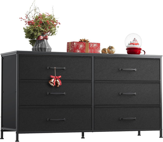 Wide Fabric Dresser, 6 Drawer Dresser TV Stand for 60" TV, Dressers Bedroom Furniture Large Storage Tower Unit with Fabric Bins, Black Dresser for Bedroom, Closet, Hallway, Black-0