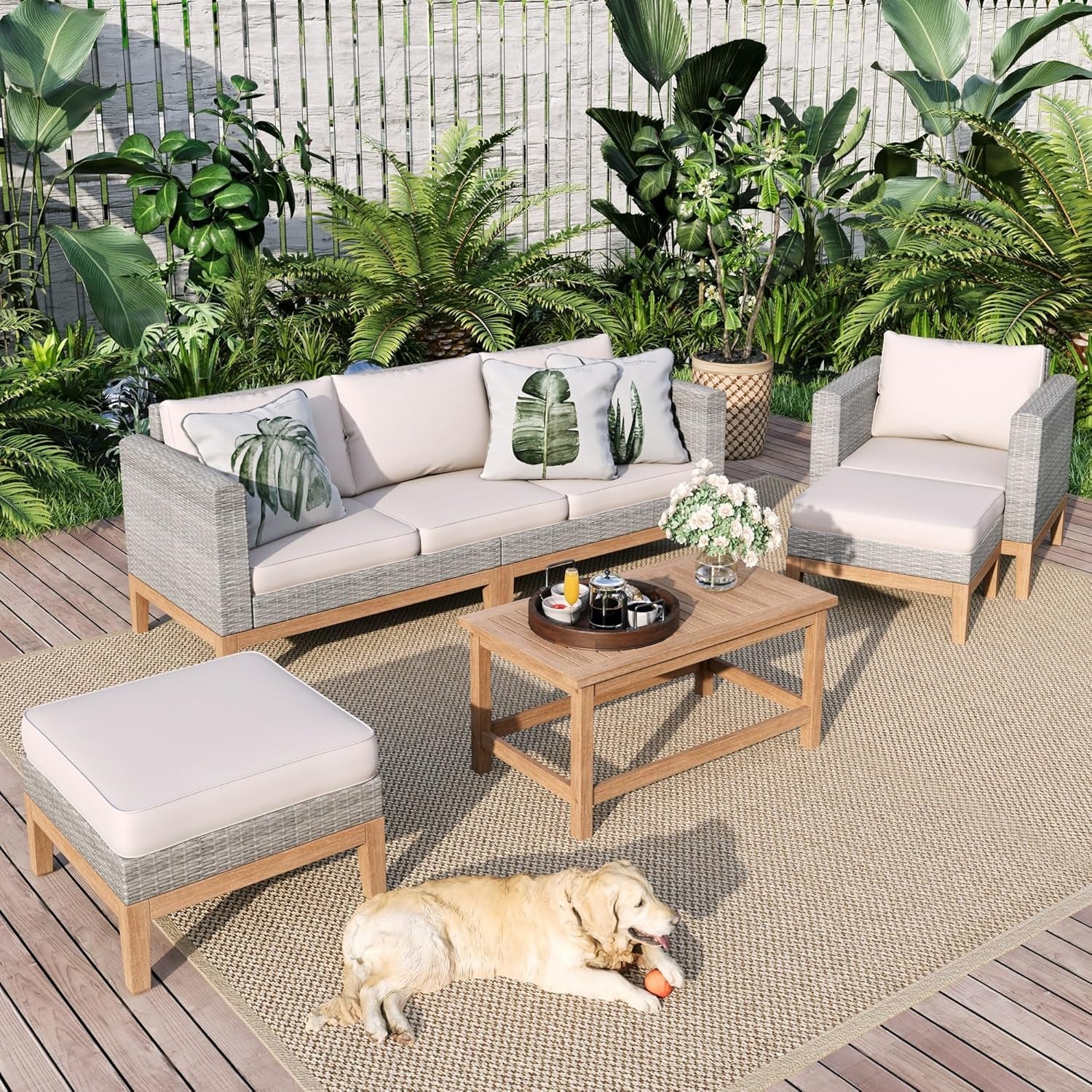 Outdoor Patio Furniture Sets, 5-Piece All-Weather Patio Conversation Set, High Back Wicker Rattan Setional Sofa with Large Single Sofa Chairs, Ottomans & Wooden Coffee Table (Beige)-1