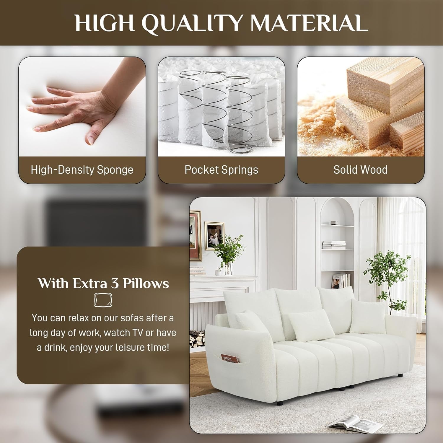 Boucle Sofa Cloud Couch, 80.2" Modern Comfy Teddy Sofa Deep Seat Futon Couch with Pillows, Soft Upholstered 3 Seater Sofa Oversized Loveseat Sofas for Living Room, Apartment, Beige-2