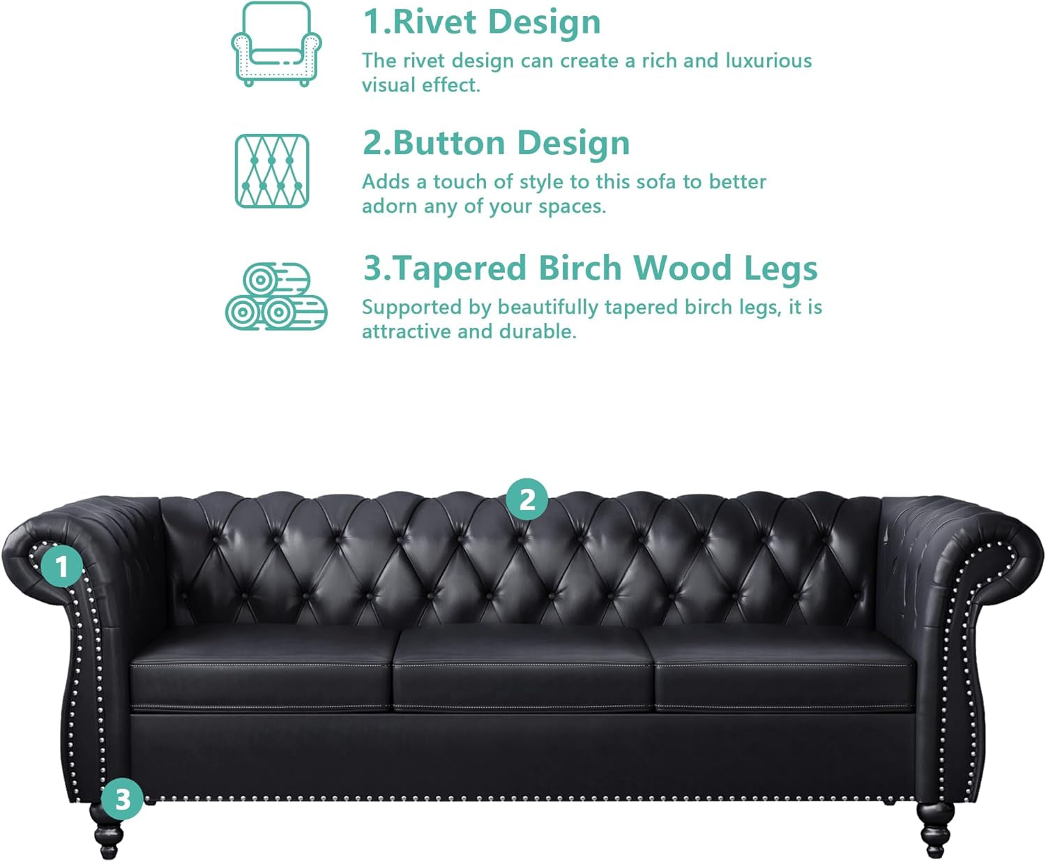 3 Piece Living Room Set, Sectional Chesterfield Sofa Chair Contemporary Upholstered Artificial Leather Loveseat Couch Sets for Living Room, Bedroom, Office (Black)-2