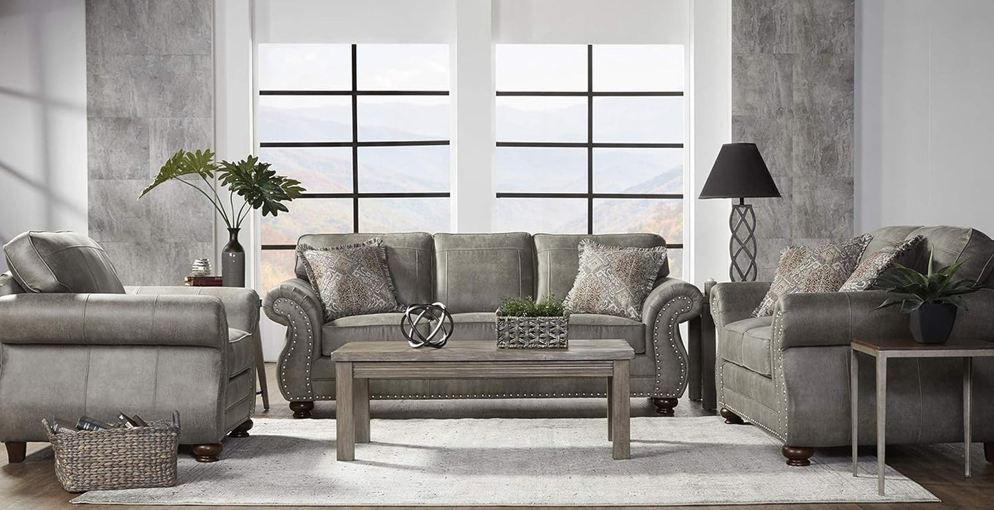 Leinster Faux Leather Upholstered Nailhead 3-Piece Livingroom Set, Sofa, Loveseat, and Chair Set in Stone Gray-0