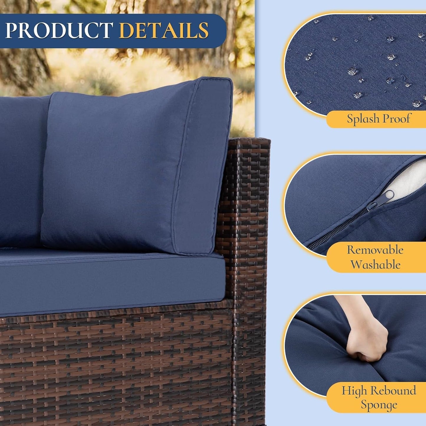 7 Pieces Outdoor Patio Furniture Set, Wicker Sectional Sofa Set Rattan Modular Patio Conversation Sets with Cushions Couch Set & Coffee Table for Outside, Garden, Balcony, Porch, Brown-Blue-3