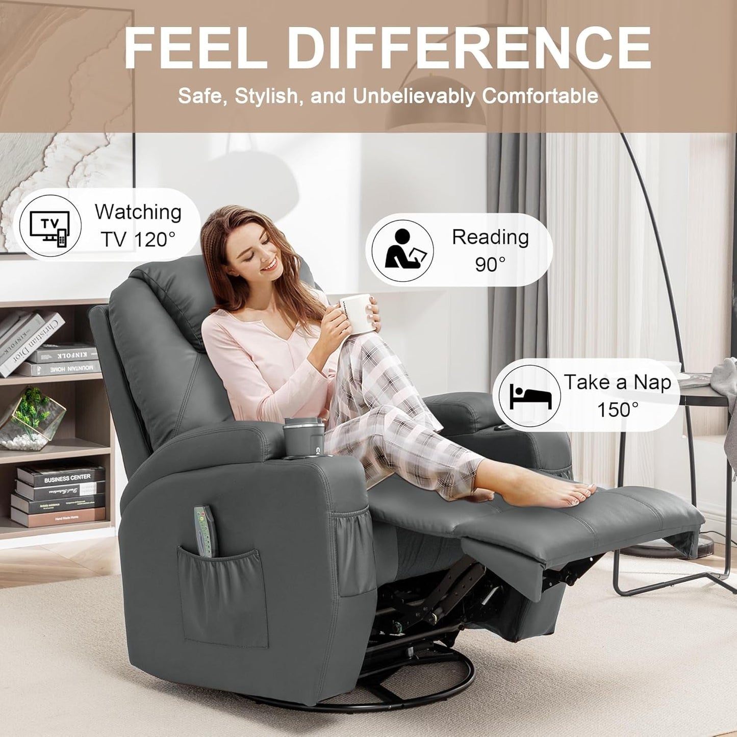 Recliner Chair, Rocking Chair with Massage and Heat, 360° Swivel Recliner Chairs for Adults, Rocker Manual Recliner with Remote Control and Cup Holder for Living Room, Bedroom, Nursery-3