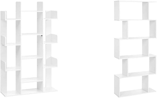 Tree-Shaped Bookcase with 13 Shelves and 5-Tier Freestanding Bookshelf, White Storage Shelving-0