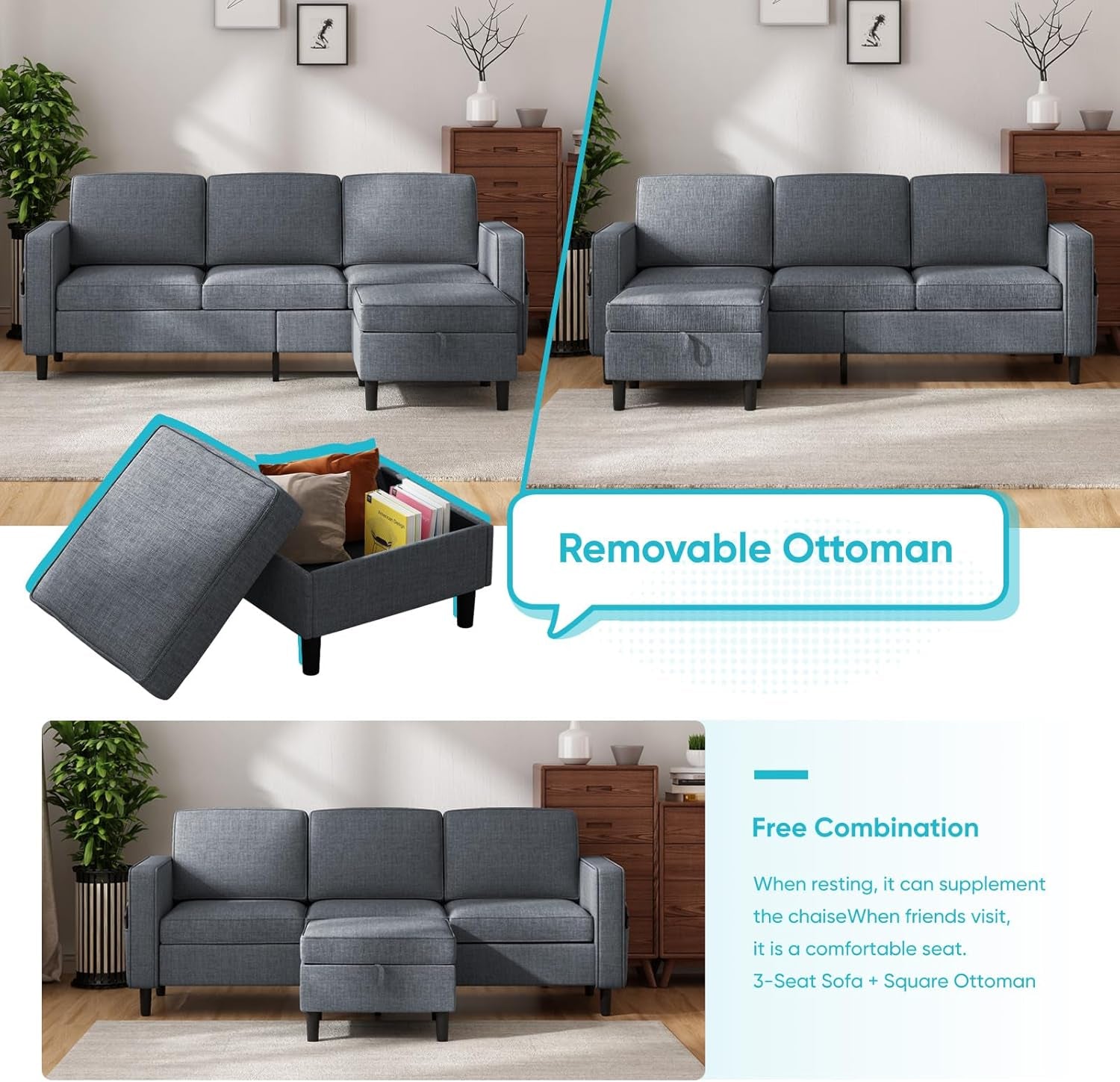 6 Seaters Sectional Upholstered Sofa, Linen Fabric Sofa Couch with Side Pockets, Free Combination Sofa Set with Movable Storage Ottoman, for Living Room-Sofa&Loveseat&Chair&Ottoman,Dark Grey-3