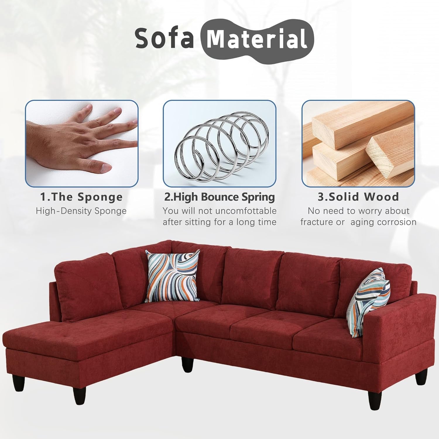 L-Shaped Sectional Sofa Set, Luxurious Flannelette 5-Seat Couches, Durable and Comfortable, Space-Saving Design Perfect for Modern Living Room, Apartment, Red-3