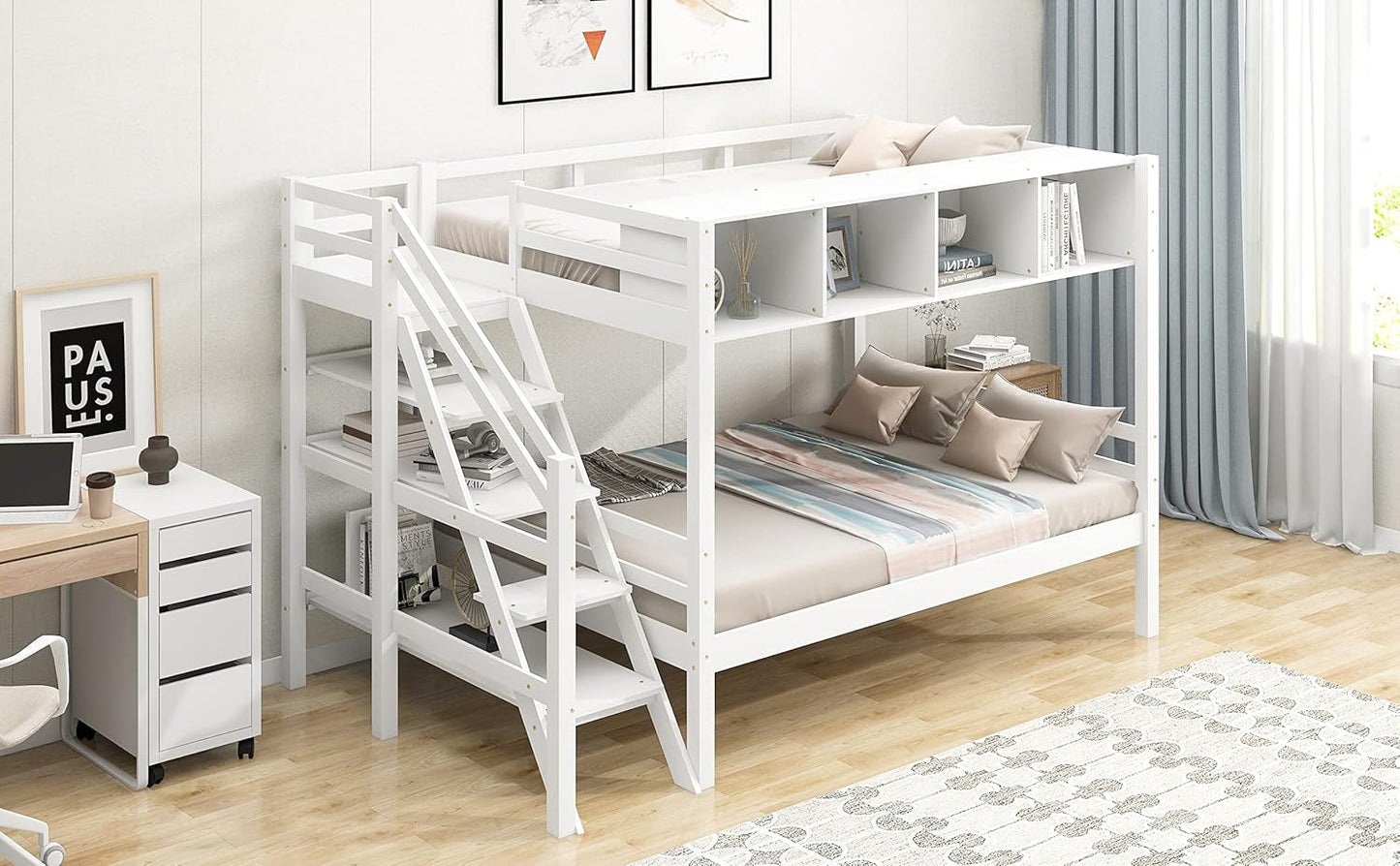 Twin Size Bed Frame for Bedroom Twin over Full Bunk Bed with Staircase and Built-In Storage Cabinets No Box Spring Needed White 96" L X 57.2" W X 62.2" H-4