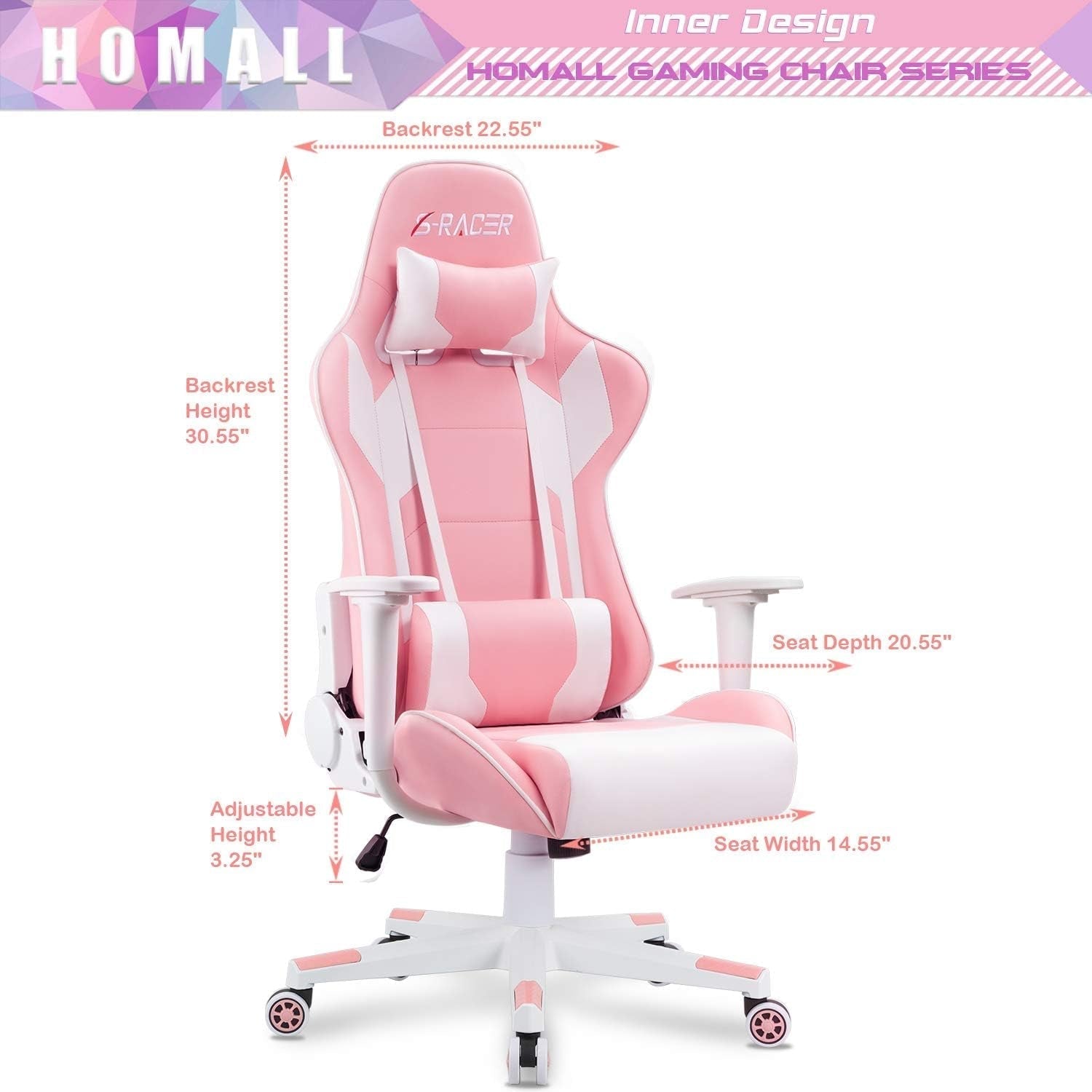 Gaming Chair, Office Chair High Back Computer Chair Leather Desk Chair Racing Executive Ergonomic Adjustable Swivel Task Chair with Headrest and Lumbar Support (Pink)-2