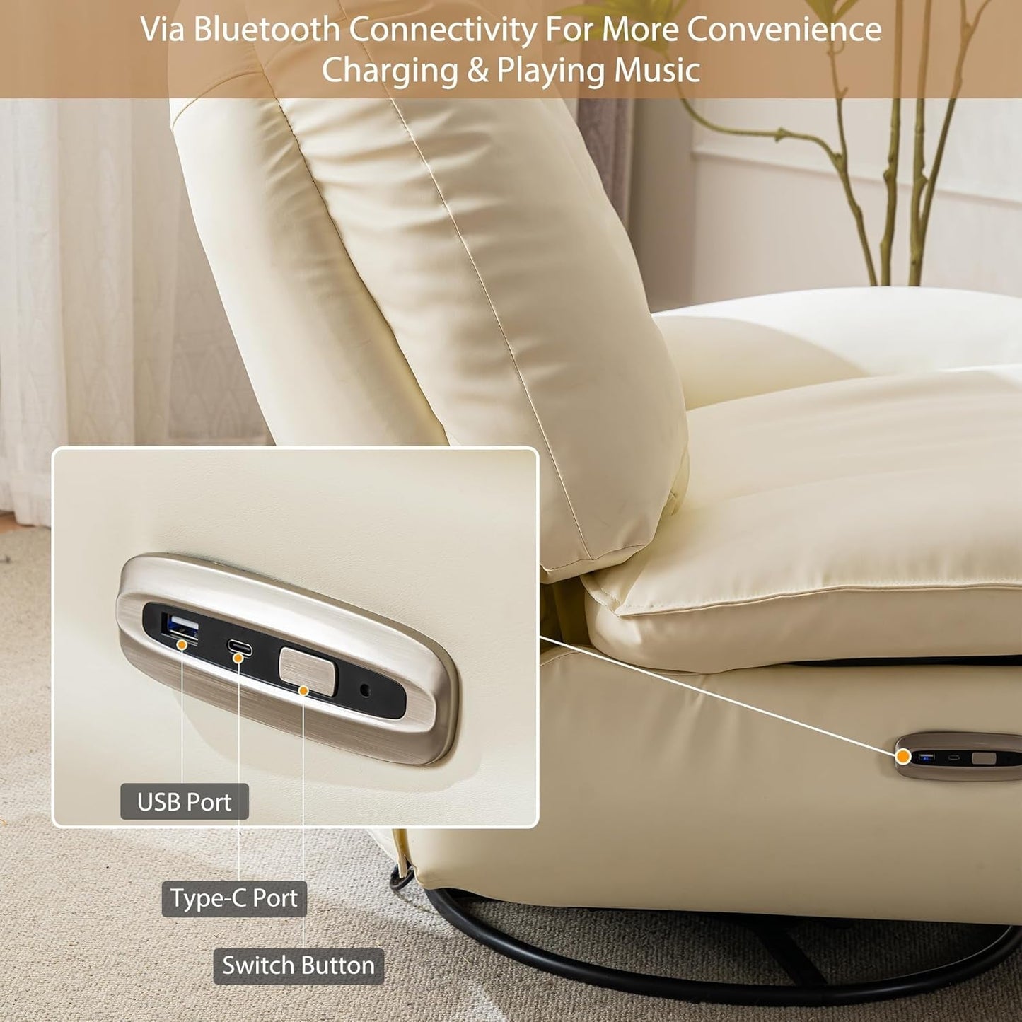 Power Swivel Glider Recliner Chair, Electric Lift Rocker Reclining Chair for Living Room with USB Charger Port, Phone Holder, Bluetooth Speaker, Voice Wake-Up Function, Faux Leather (White)-4