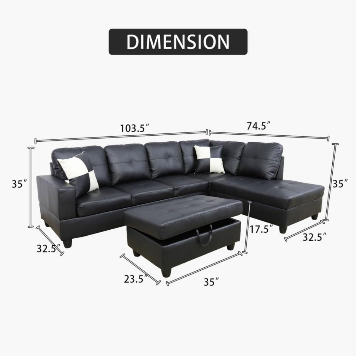 Black L-Shaped 3-Piece Faux Leather Sofa with Storage Ottoman Set, Sectional Couch Leather-Like Sofa Set for Living Room, Office, Small Space-1