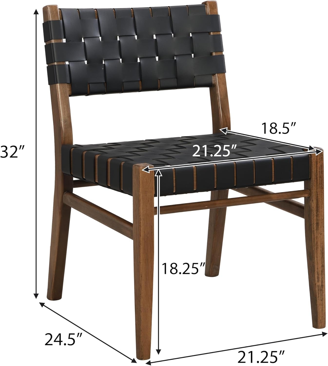 Set of 2 Indoor Rubberwood Frame Armless Dining Chairs, Seating and Backrest with Rope Weave by Pu/Faux Leather, for Dining Room Kitchen, Restaurant, Party, Walnut and Black-1