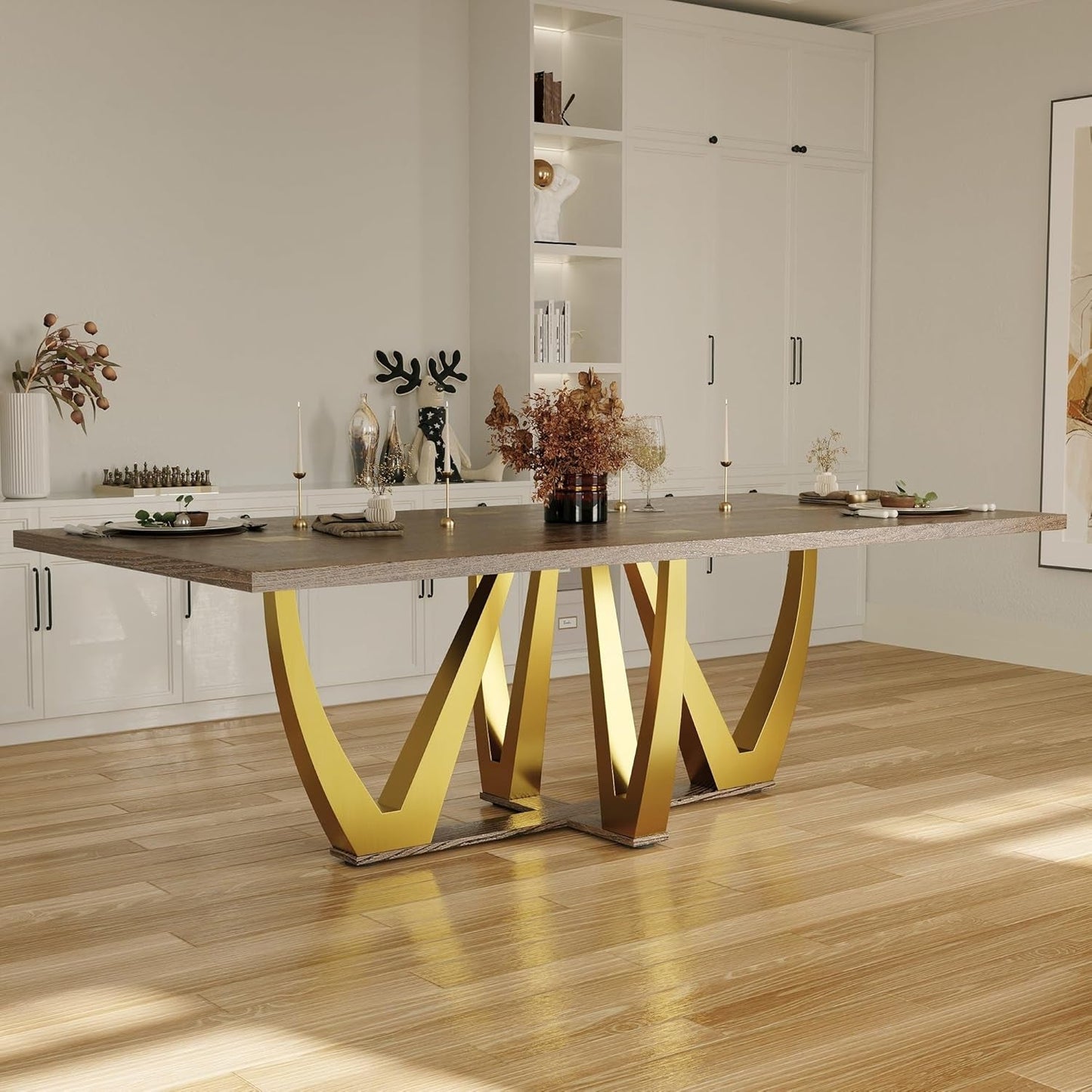 94 Inch Wood Dining Table for 6-10, Modern Farmhouse Rectangular Kitchen Table with Brushed Gold Base, Large Walnut Dining Room Table(Brown)-0