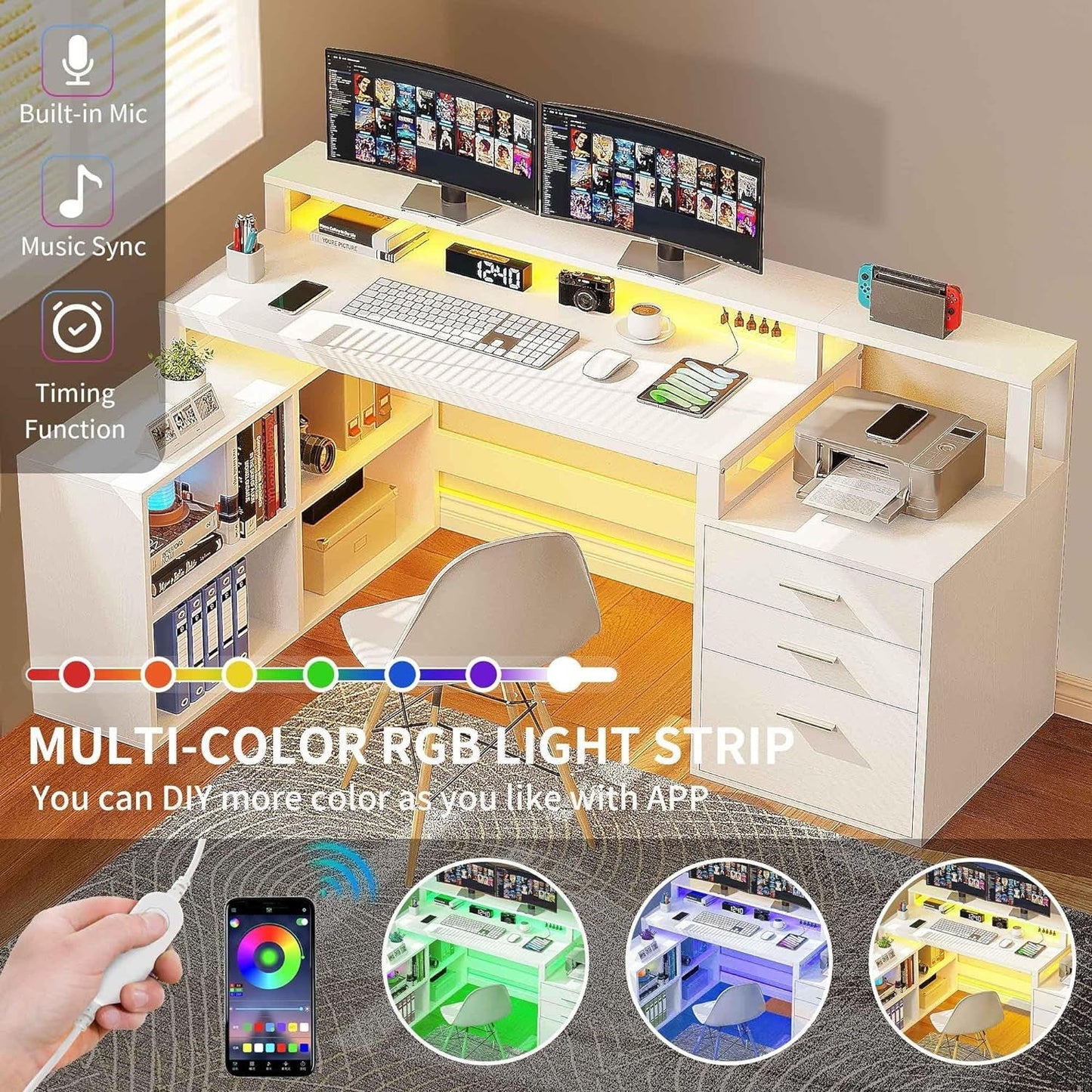 L Shaped Desk with 3 Drawers, 65" Corner Computer Desk with Power Outlets & LED Lights, L-Shaped Desk with File Cabinet & Printer Stand for Home Office, White-4