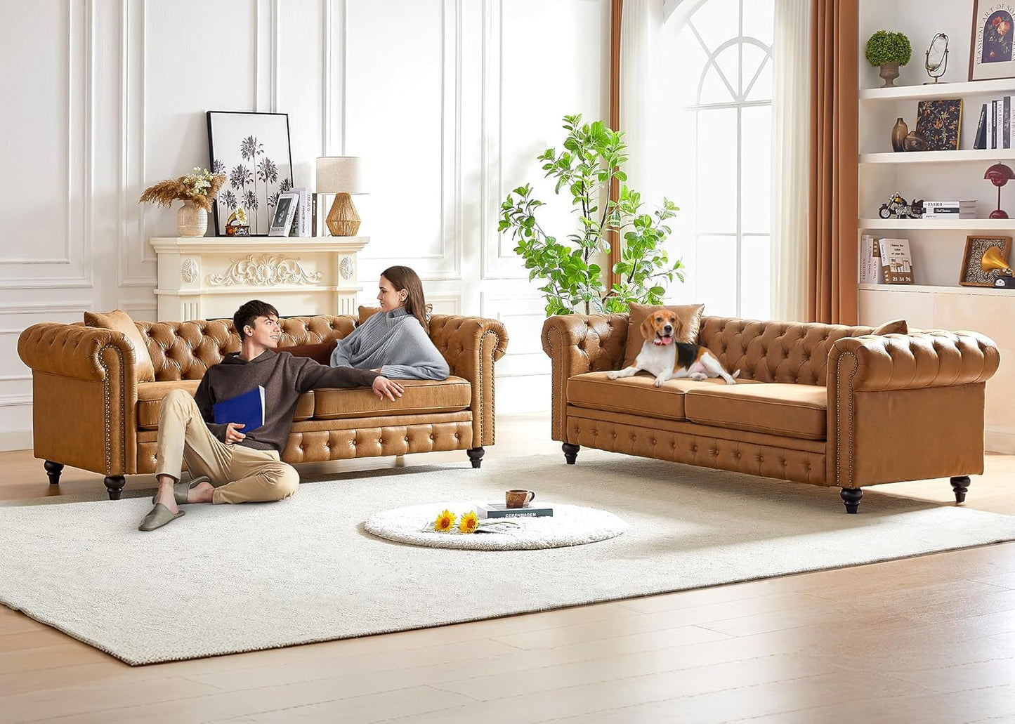 2 Piece Living Room Sofa Set,Button Tufted Couch and Loveseat Set with Nailhead Trim&Roll Armrest,Upholstered Mid Century Modern Couch,Chesterfield Sofa for Living Room,Office(Loveseat+3 Seater,Brown)-4