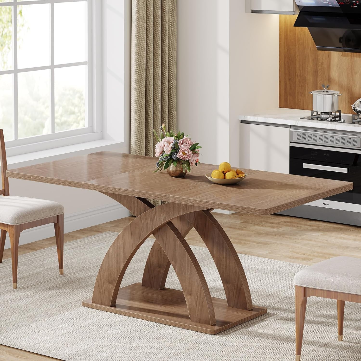 Dining Table for 4-6 People, 63" L X 31.5" W Modern Rectangular Kitchen Table with Thick Wooden Pedestal Base, Wood Dinner Table Dining Room Table-0