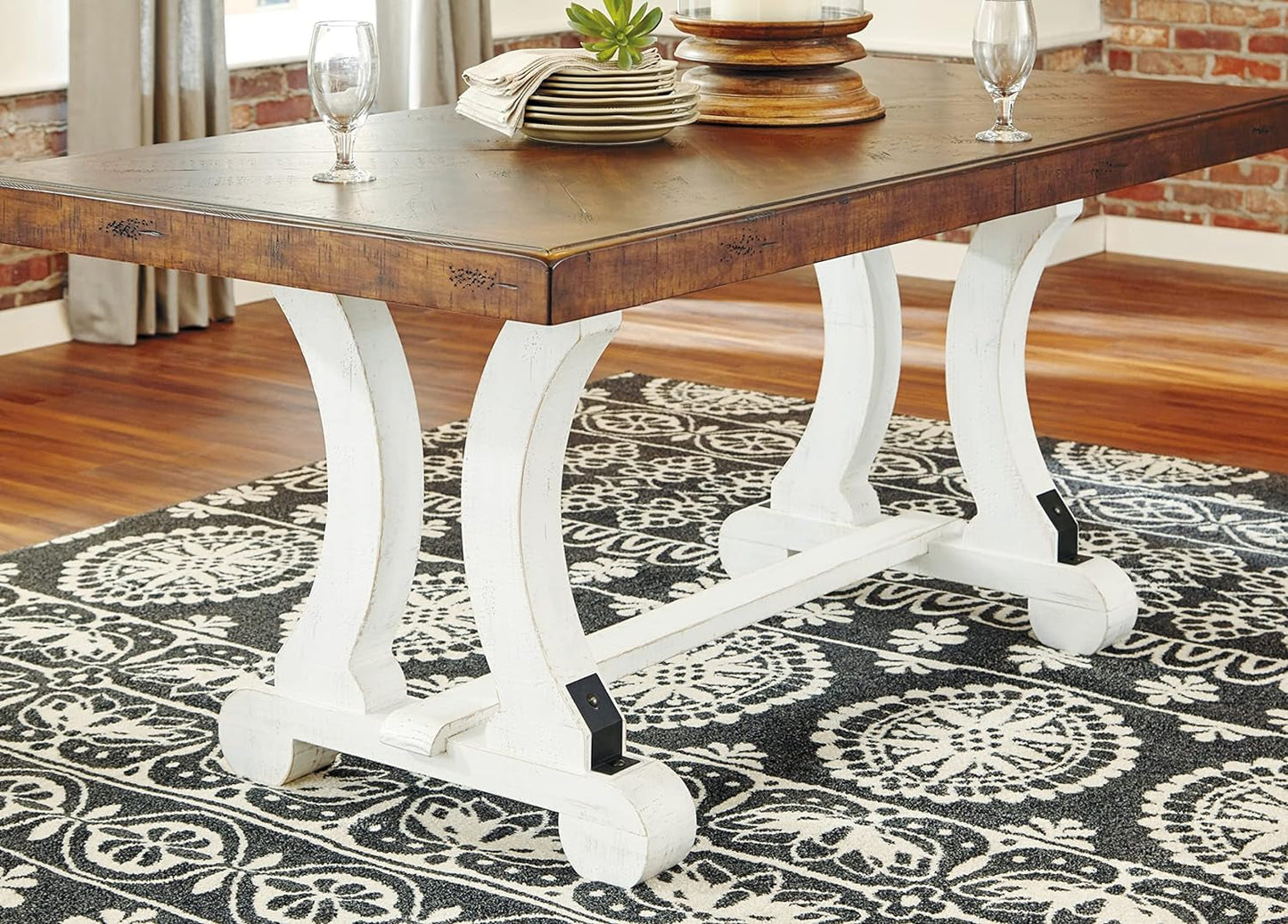 Valebeck Farmhouse Rectangular Extension Dining Table, Fits up to 8, White & Brown-3