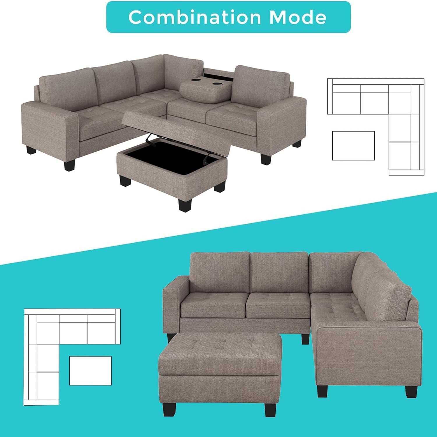 Sectional Sofas 3-Seat Sofa Sectional Sofa Couches with Reversible Chaise Storage Ottoman and 2 Cup Holders, Sofa Lounge and Ottoman for Living Room Furniture-4