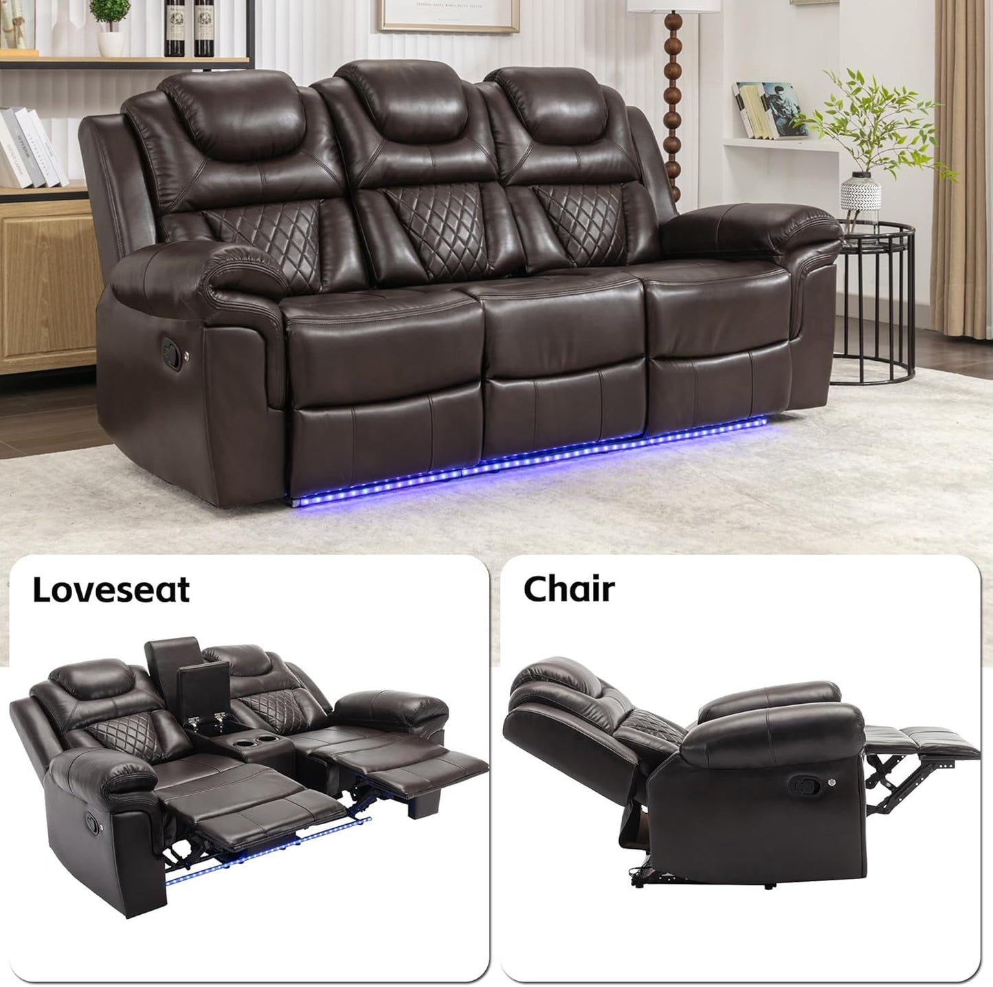 3 Pcs Living Room Furniture Sets,Sectional Recliner Leather Sofa Sets,Home Theater Seating Manual Recliner Sofa with Center Console and LED Light Strip for Living Room,Office. Brown（3+2+1）-3