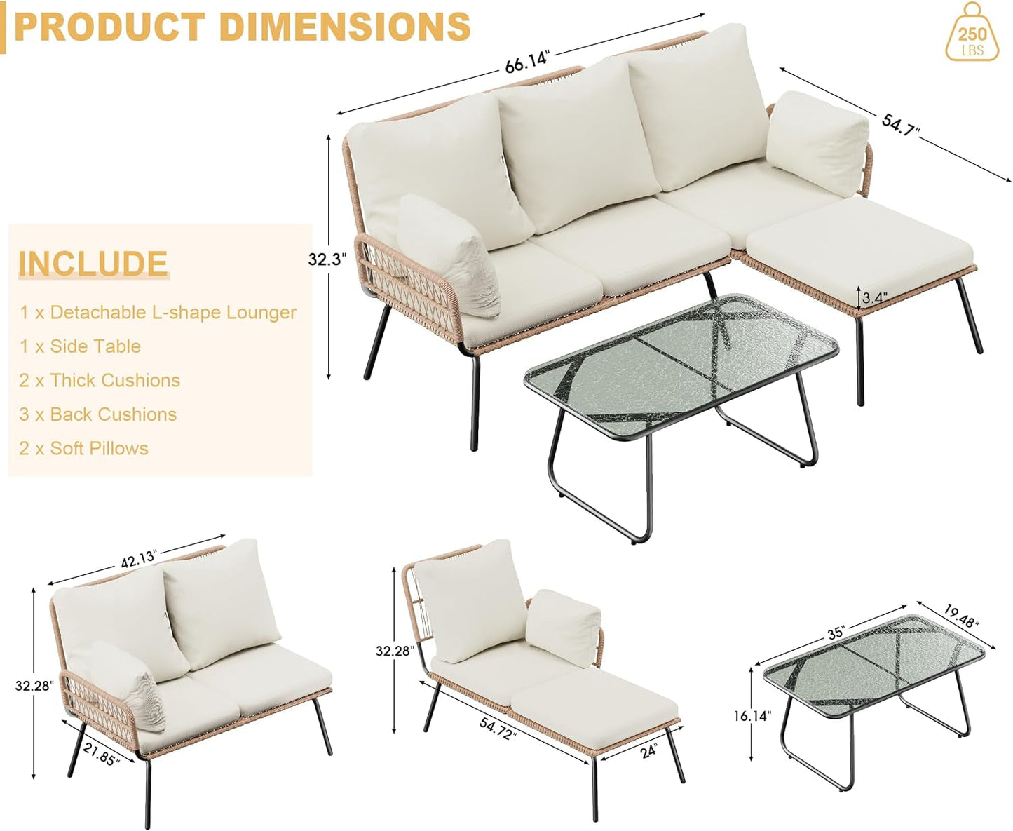 L-Shaped Outdoor Loveseat Sectional Set for Patio, Backyard, Porch with Thick Cushions, Detachable Lounger, Coffee Table-1