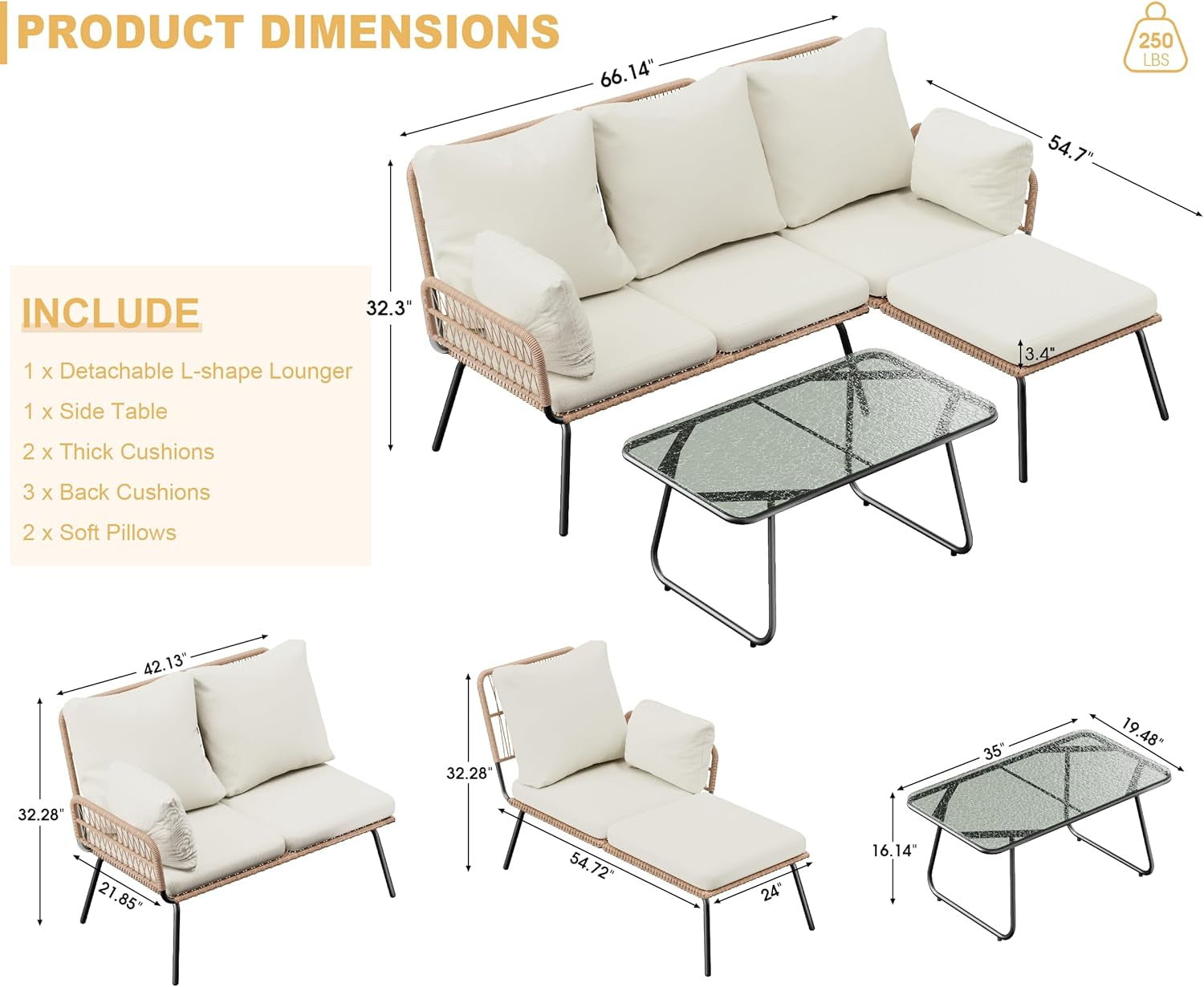 L-Shaped Outdoor Loveseat Sectional Set for Patio, Backyard, Porch with Thick Cushions, Detachable Lounger, Coffee Table-1